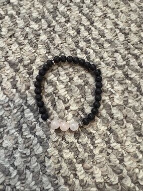 Rose quarts - Black Lava Bead Bracelet with Rose Quartz Accent - Women